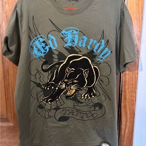 Ed Hardy Olive Tee with Blue Script and Black Panther